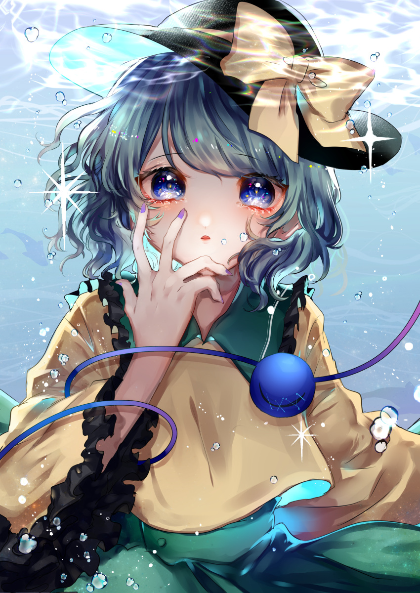 1girl absurdres air_bubble bangs black_headwear blue_eyes bow bubble commentary_request eyebrows_visible_through_hair frilled_shirt_collar frilled_sleeves frills green_hair green_skirt hand_up hat hat_bow highres komeiji_koishi long_sleeves looking_at_viewer nail_polish parted_lips purple_nails shirt short_hair skirt solo stitches suzune_hapinesu third_eye touhou underwater upper_body wide_sleeves yellow_bow yellow_shirt