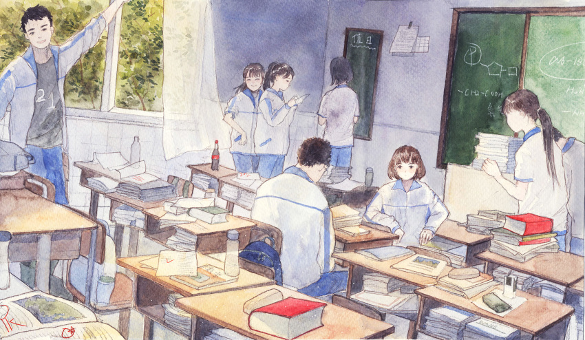 2boys 5girls arm_up bag black_hair blue_pants book bottle brown_hair chair chalkboard classroom closed_eyes commentary_request curtains day desk facing_away from_behind from_side graphite_(medium) grey_shirt gym_uniform highres holding indoors jacket long_hair long_sleeves looking_away marchch mixed-language_commentary multiple_boys multiple_girls notebook original pants paper ponytail school_desk shirt short_hair short_sleeves sitting smile standing track_jacket traditional_media watercolor_(medium) white_shirt window
