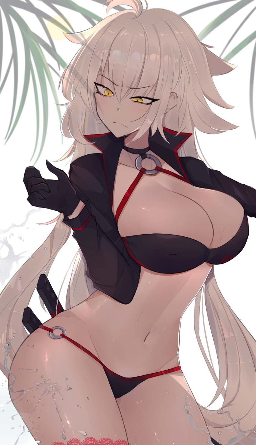 1girl absurdres ahoge bangs bikini black_bikini black_choker black_gloves branch breasts choker cleavage closed_mouth collarbone commentary_request contrapposto cowboy_shot eyebrows_visible_through_hair fate/grand_order fate_(series) gloves groin hair_between_eyes hand_up head_tilt high_collar highres huge_filesize jeanne_d'arc_(alter_swimsuit_berserker) jeanne_d'arc_(fate)_(all) katana large_breasts long_hair long_sleeves looking_down navel o-ring o-ring_bikini o-ring_bottom o-ring_top oni_noodle outstretched_arm red_legwear shiny shiny_hair shiny_skin shrug_(clothing) sidelocks silver_hair single_thighhigh solo standing stomach swimsuit sword thigh-highs tsurime very_long_hair water water_drop weapon wet yellow_eyes