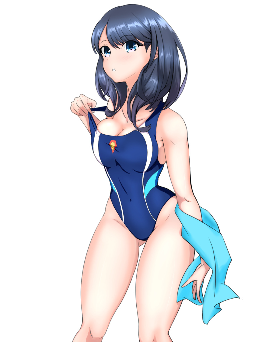 1girl bangs black_hair blue_eyes blue_swimsuit blue_towel breasts cleavage collarbone commentary_request competition_swimsuit cowboy_shot highleg highleg_swimsuit highres jinmenjin large_breasts long_hair one-piece_swimsuit simple_background solo ssss.gridman standing straight_hair swimsuit swimsuit_pull takarada_rikka towel white_background