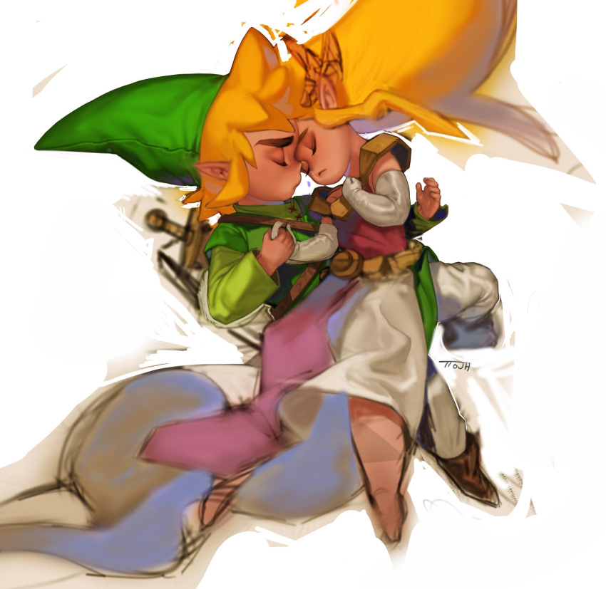 1boy 1girl blonde_hair boots chibi commentary_request dress elbow_gloves forehead-to-forehead gloves hand_holding hat highres korean_commentary link long_dress nintendo pants pelvic_curtain pointy_ears princess_zelda signature sword the_legend_of_zelda the_legend_of_zelda:_the_wind_waker thick_eyebrows toon_link tto_ja tunic weapon weapon_on_back white_gloves white_pants