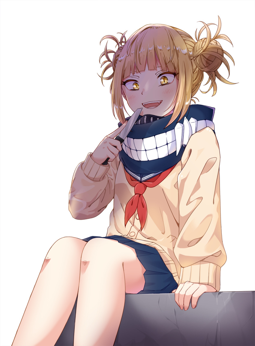 1girl bangs blonde_hair blue_skirt blunt_bangs blush boku_no_hero_academia cardigan double_bun fangs highres knife long_sleeves noven open_mouth school_uniform serafuku short_hair simple_background sitting skirt smile solo teeth toga_himiko white_background yellow_cardigan yellow_eyes