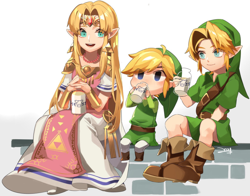 1girl 2boys ahoge belt blue_eyes boots bottle bracer brown_footwear chibi crossover dress drinking dual_persona earrings full_body green_eyes hair_intakes hat highres jewelry link long_dress milk milk_bottle multiple_boys nintendo pelvic_curtain pointy_ears sitting smile super_smash_bros. the_legend_of_zelda the_legend_of_zelda:_a_link_between_worlds the_legend_of_zelda:_ocarina_of_time the_legend_of_zelda:_the_wind_waker toon_link triforce tunic young_link zozy_yy