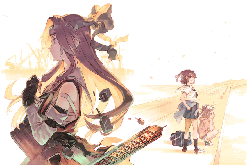 3girls antenna_hair bare_shoulders black_gloves black_skirt brown_eyes brown_hair casual clothes_around_waist cosmic_(crownclowncosmic) detached_sleeves double_bun elbow_gloves forehead_protector gloves headband highres hood hoodie jacket_around_waist jintsuu_(kantai_collection) kantai_collection kneehighs long_hair medium_hair multiple_girls naka_(kantai_collection) pleated_skirt remodel_(kantai_collection) rigging sailor_collar sarashi school_uniform sendai_(kantai_collection) serafuku short_sleeves shorts skirt two_side_up