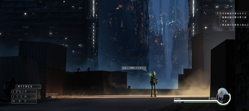 1girl 3others absurdres asuteroid black_jacket black_legwear black_shorts boots building city city_lights cityscape commentary_request container cyberpunk expressionless fake_screenshot fog glowing glowing_eyes green_eyes gun hair_between_eyes heads-up_display health_bar highres holding holding_gun holding_weapon hood iz_(asuteroid) jacket knee_boots long_hair long_sleeves multiple_others neon_trim night open_clothes open_jacket original outdoors science_fiction shadow shipping_container shirt shorts skyscraper solo_focus speech_bubble standing thigh-highs weapon white_hair white_shirt wide_shot