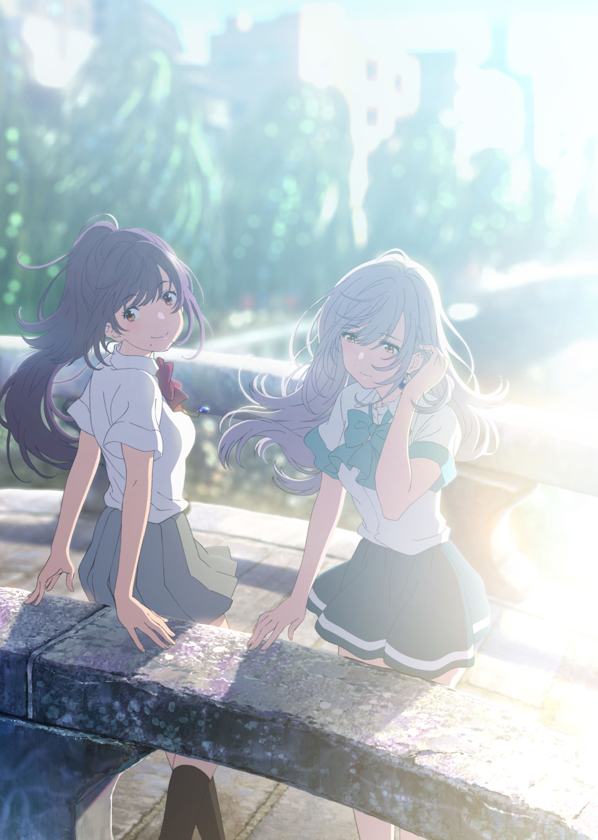 2girls absurdres arm_up bangs black_hair blue_skirt bridge building closed_mouth day earrings eyebrows_visible_through_hair family grey_hair grey_skirt highres irozuku_sekai_no_ashita_kara jewelry messy_hair mole mole_under_mouth multiple_girls necklace official_art outdoors pleated_skirt ribbon river school_uniform shirt short_sleeves skirt smile socks standing sunlight tree tsukishiro_hitomi tsukishiro_kohaku white_shirt yellow_eyes