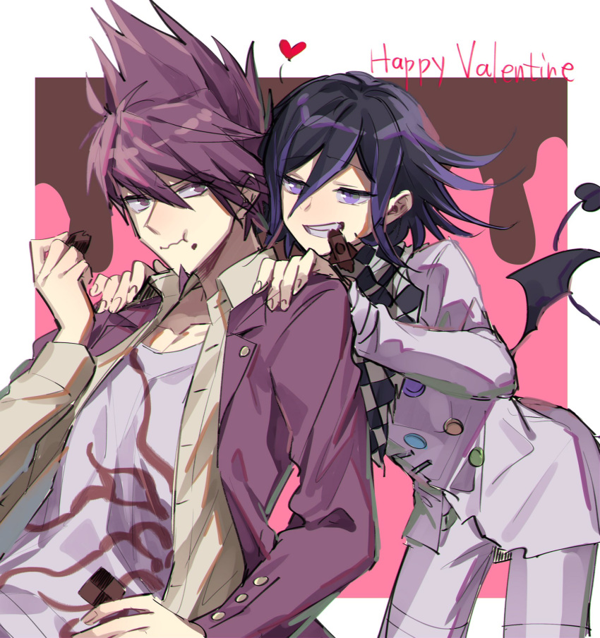 2boys beard black_wings chocolate collarbone commentary_request dangan_ronpa demon_girl demon_tail demon_wings eyebrows_visible_through_hair facial_hair goatee hair_between_eyes hands_on_shoulders happy_valentine heart highres in_mouth jacket male_focus medium_hair momota_kaito multiple_boys nanin new_dangan_ronpa_v3 ouma_kokichi pink_eyes pink_hair purple_hair purple_jacket shirt succubus tail white_jacket white_legwear white_shirt wings