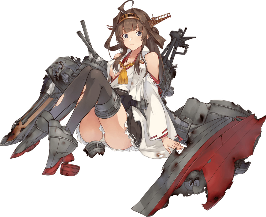 1girl ahoge bare_shoulders black_legwear blush boots breasts brown_hair cannon detached_sleeves double_bun frilled_skirt frills frown full_body hair_ornament hairband headgear high_heels japanese_clothes kantai_collection kongou_(kantai_collection) konishi_(koconatu) large_breasts long_hair nontraditional_miko official_art open_mouth panties ribbon ribbon-trimmed_sleeves ribbon_trim sash skirt solo thigh-highs thigh_boots torn_clothes torpedo_launcher transparent_background turret underwear white_panties wreckage zettai_ryouiki