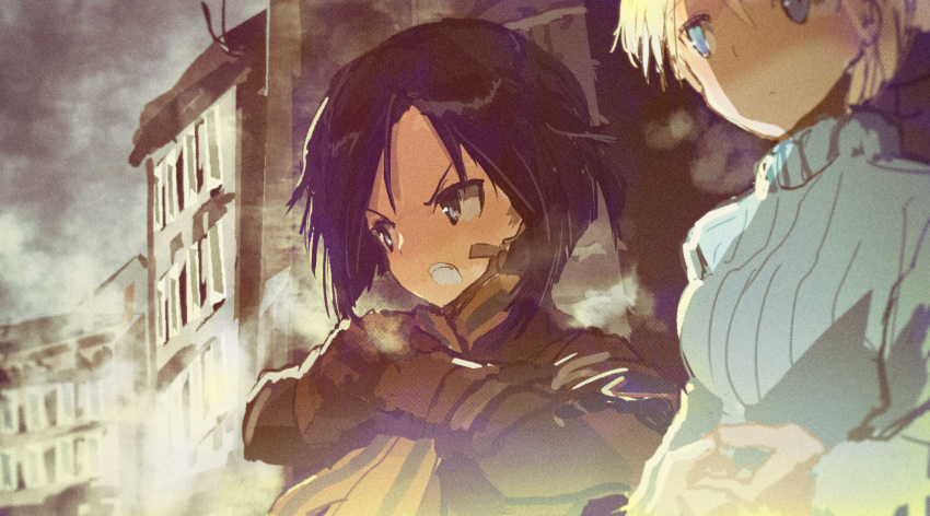 2girls bandaid bandaid_on_face black_eyes black_hair blonde_hair blue_eyes blurry breath city clenched_hand clenched_teeth clouds cloudy_sky dark depth_of_field film_grain gloves highres kabuyama_kaigi kanno_naoe multiple_girls nikka_edvardine_katajainen ribbed_sweater scarf short_hair sky sweater teeth world_witches_series