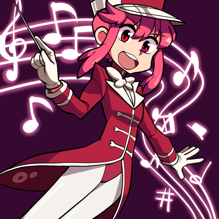 1girl bangs baton_(instrument) beamed_eighth_notes bow bowtie eighth_note eyebrows_visible_through_hair flat_sign gloves hair_between_eyes highres jakuzure_nonon kill_la_kill legs_together lkll long_hair long_sleeves looking_at_viewer musical_note pantyhose pink_hair purple_background red_eyes round_teeth sharp_sign solo staff_(music) symphony_regalia teeth turtleneck white_bow white_gloves white_legwear white_neckwear