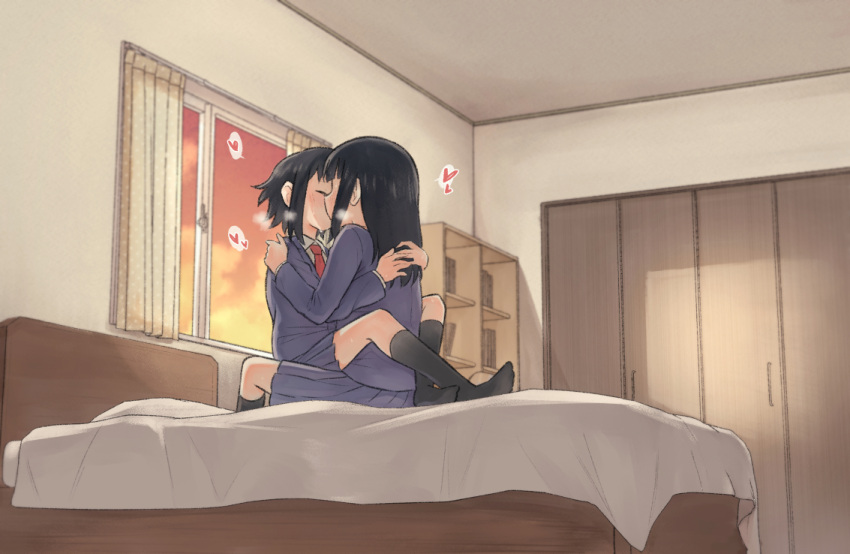 2girls bangs bed bed_sheet bedroom bernard-jou_iwaku. black_hair blazer blunt_bangs blush closed_eyes curtains indoors jacket kanbayashi_shiori kiss leg_lock long_hair machida_sawako meis_(terameisu) multiple_girls necktie on_bed school_uniform shirt short_hair skirt sweat window yuri