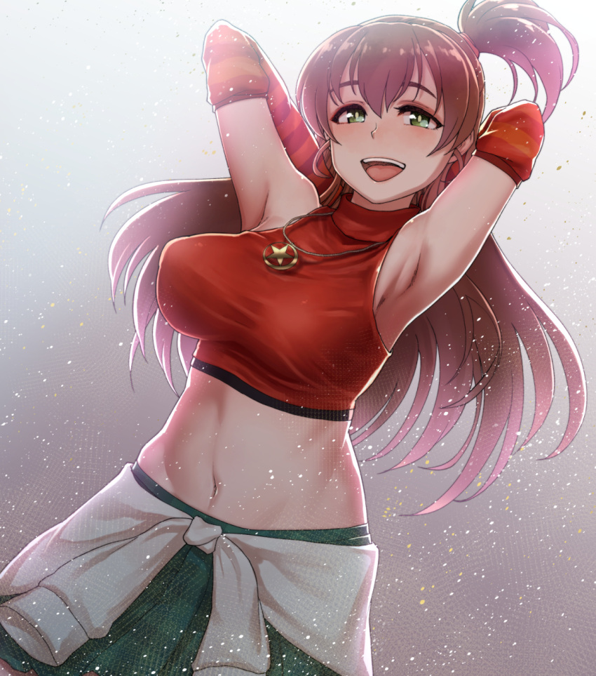 1girl :d arm_warmers armpits arms_behind_back arms_up backlighting bare_shoulders breasts brown_hair chiaki_rakutarou clothes_around_waist cowboy_shot crop_top green_eyes green_skirt highres idolmaster idolmaster_dearly_stars jacket jacket_around_waist jewelry large_breasts light_particles long_hair looking_at_viewer midriff miniskirt navel necklace one_side_up open_mouth pleated_skirt red_shirt sakurai_yumeko shirt skirt sleeveless sleeveless_shirt sleeveless_turtleneck smile solo standing star striped taut_clothes taut_shirt turtleneck white_jacket