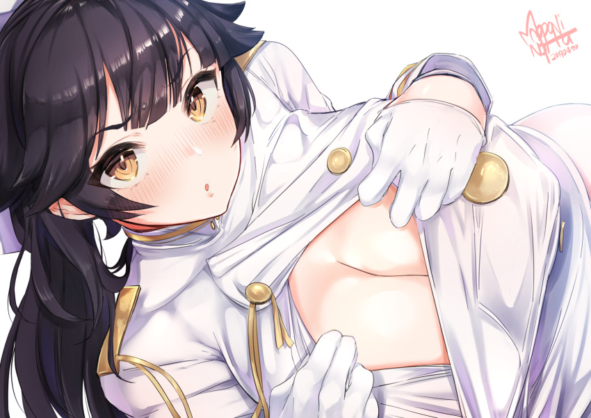 1girl :o aiguillette azur_lane bangs black_hair blush bow breasts cleavage dated embarrassed from_above gloves hair_bow hair_flaps highres jacket jacket_tug large_breasts long_hair looking_at_viewer mappaninatta military military_uniform open_clothes open_mouth ponytail sidelocks signature takao_(azur_lane) uniform white_bow white_gloves white_jacket yellow_eyes