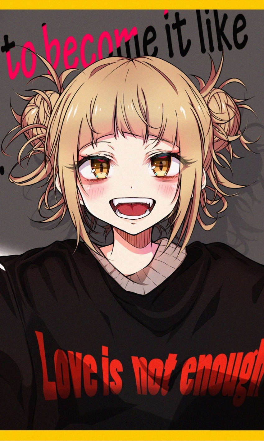 1girl :d bags_under_eyes bangs black_sweater blonde_hair blunt_bangs blush boku_no_hero_academia clothes_writing double_bun english_text eyes_visible_through_hair fangs highres letterboxed looking_at_viewer messy_hair open_mouth rudo_(rudorudo0917) shadow shiny shiny_hair short_hair sidelocks smile solo sweater toga_himiko upper_body yellow_eyes