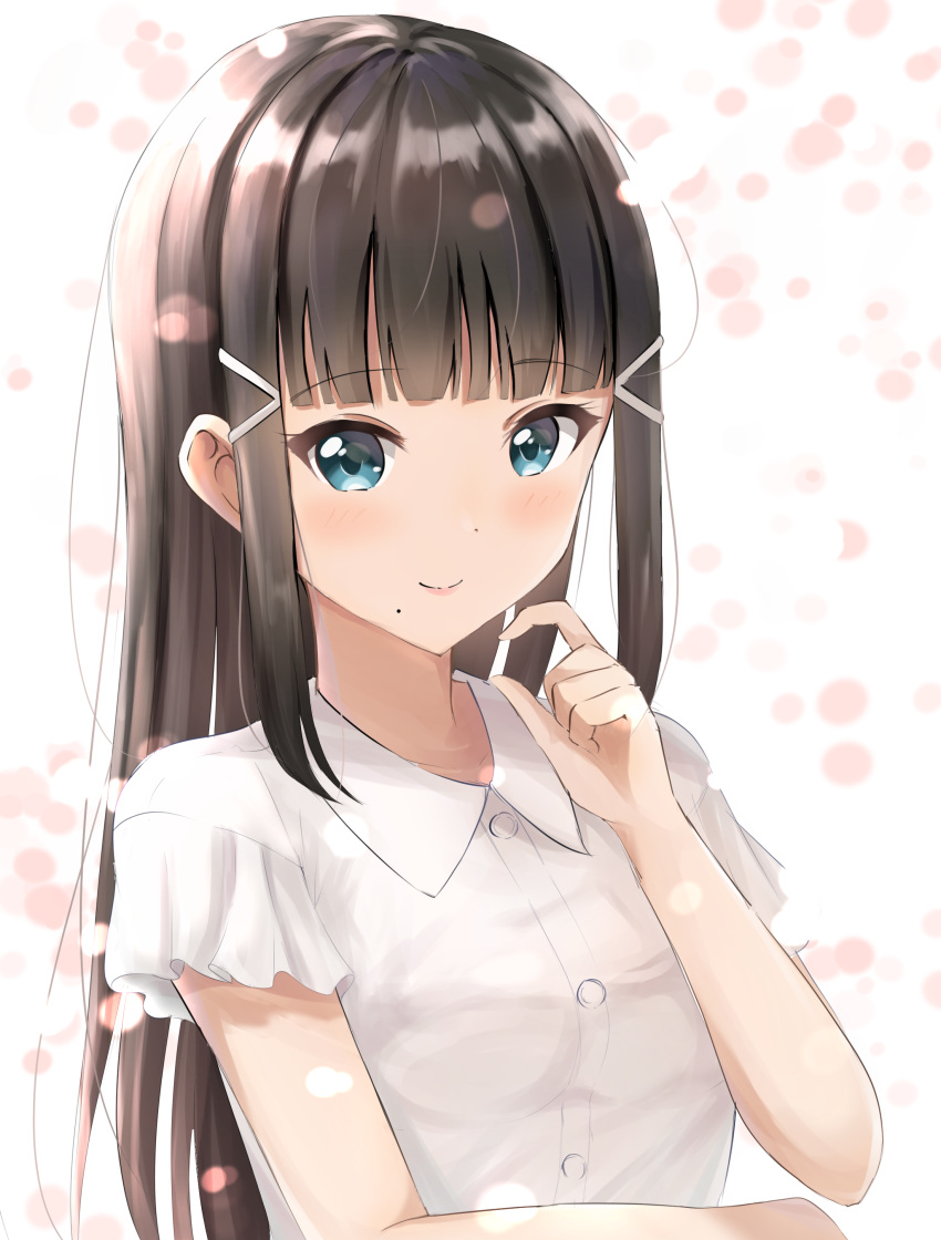 1girl absurdres bangs blue_eyes blunt_bangs brown_hair closed_mouth collared_shirt commentary_request dress_shirt eyebrows_visible_through_hair hair_ornament hairclip hand_up highres kurosawa_dia long_hair love_live! love_live!_sunshine!! mole mole_under_mouth shirt short_sleeves sidelocks sin_(sin52y) smile solo upper_body very_long_hair white_background white_shirt