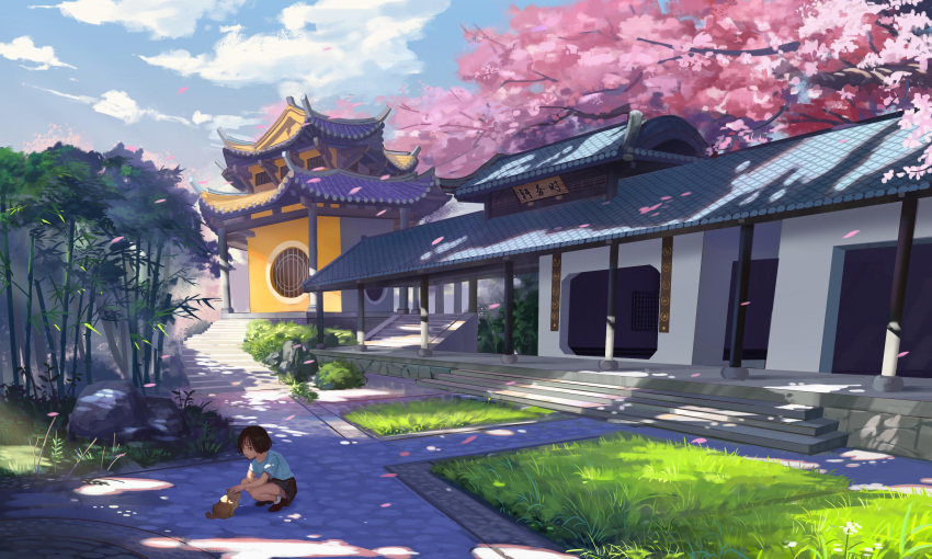 1girl absurdres architecture blue_shirt blue_sky brown_footwear building cherry_blossoms clouds day east_asian_architecture flower grass highres hinskira original outdoors petals scenery shadow shirt short_hair short_sleeves skirt sky socks solo squatting stairs tree