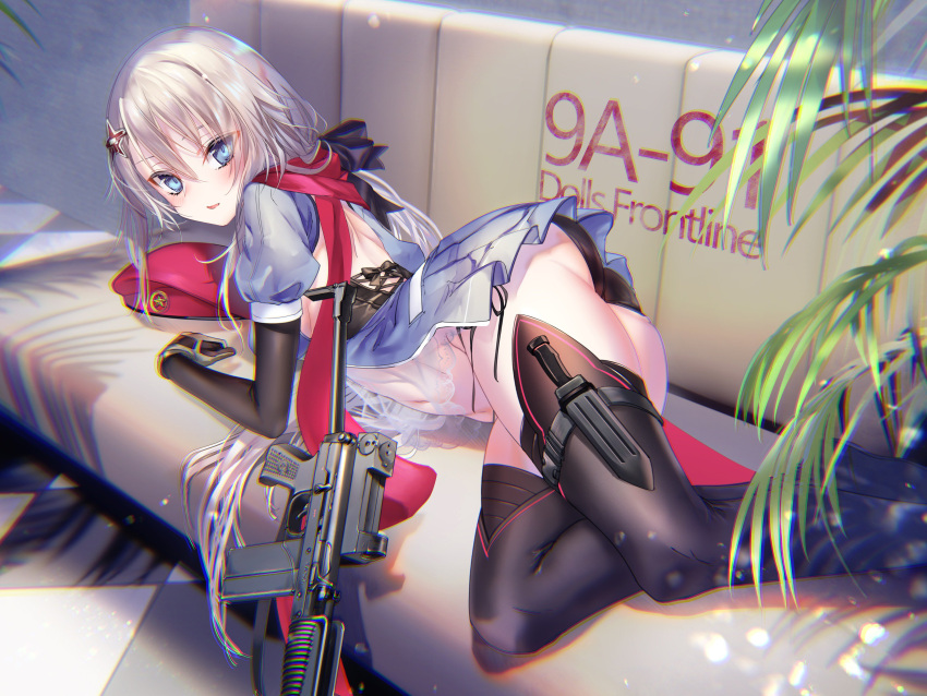 1girl 9a-91_(girls_frontline) absurdres ass beret black_gloves black_legwear black_panties blue_eyes breasts character_name checkered checkered_floor commentary_request couch covered_navel dress elbow_gloves girls_frontline gloves gun hair_between_eyes hair_ornament hat hat_removed headwear_removed highres holster long_hair looking_at_viewer low_ponytail lying medium_breasts navel on_side panties parted_lips pottsness red_scarf scarf see-through short_dress side-tie_panties silver_hair solo submachine_gun thigh-highs thigh_holster underwear weapon