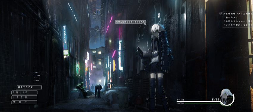 1girl 3others absurdres alley asuteroid black_footwear black_jacket black_legwear black_shorts boots building cityscape commentary cyberpunk dark fake_screenshot green_eyes heads-up_display highres holding holding_phone iz_(asuteroid) jacket lights long_hair long_sleeves multiple_others neon_lights night open_clothes open_jacket original outdoors phone scenery shirt shorts skyscraper sleeves_past_wrists solo_focus speech_bubble standing thigh-highs translation_request very_long_hair white_hair white_shirt wide_shot window