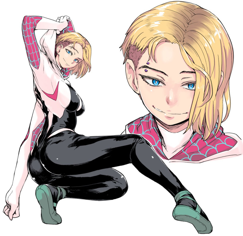 1girl blonde_hair blue_eyes commentary_request gwen_stacy hood looking_at_viewer looking_back nujima piercing pose skin_tight smile smirk spider-man:_into_the_spider-verse spider-man_(series)