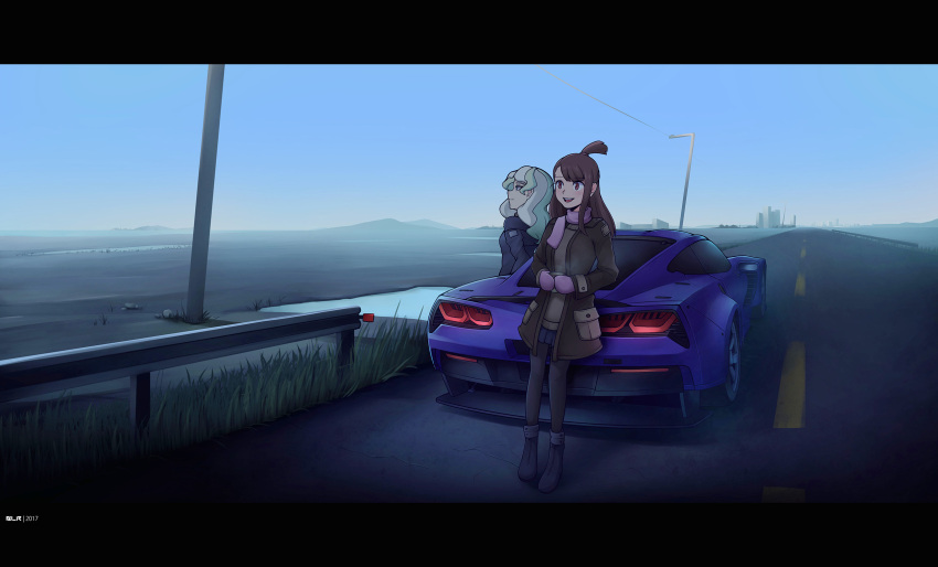 2017 2girls ankle_boots asymmetrical_bangs bangs black_legwear blonde_hair blue_skirt blue_sky blueriest boots brown_hair building car chevrolet_corvette city coat coffee_cup commentary cup diana_cavendish disposable_cup dusk english_commentary green_hair ground_vehicle highres horizon kagari_atsuko letterboxed little_witch_academia long_hair mittens motor_vehicle multicolored_hair multiple_girls on_vehicle outdoors pantyhose pleated_skirt red_eyes road scarf skirt sky skyline skyscraper topknot two-tone_hair winter_clothes winter_coat zipper_footwear
