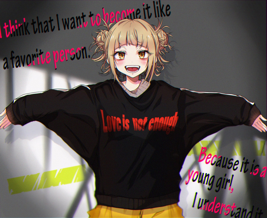 1girl :d bags_under_eyes bangs black_sweater blonde_hair blunt_bangs blush boku_no_hero_academia clothes_writing commentary_request double_bun english_text engrish_text eyes_visible_through_hair fangs highres long_sleeves looking_at_viewer messy_hair open_mouth outstretched_arms pants ranguage rudo_(rudorudo0917) shadow shiny shiny_hair short_hair sidelocks sleeves_past_wrists smile solo spread_arms standing sweater toga_himiko yellow_eyes yellow_pants