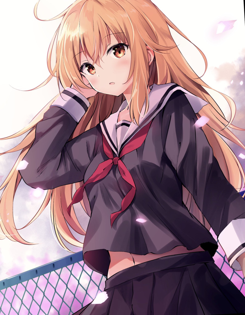 1girl alternate_costume bangs black_serafuku black_skirt blonde_hair blush breasts chain-link_fence cherry_blossoms commentary_request contemporary eyebrows_visible_through_hair fence hair_between_eyes hand_in_hair hand_up highres hyurasan kirisame_marisa long_hair long_sleeves medium_breasts midriff_peek navel neckerchief no_hat no_headwear oudoors parted_lips petals pleated_skirt red_neckwear sailor_collar school_uniform serafuku skirt skirt_set solo touhou white_sailor_collar yellow_eyes