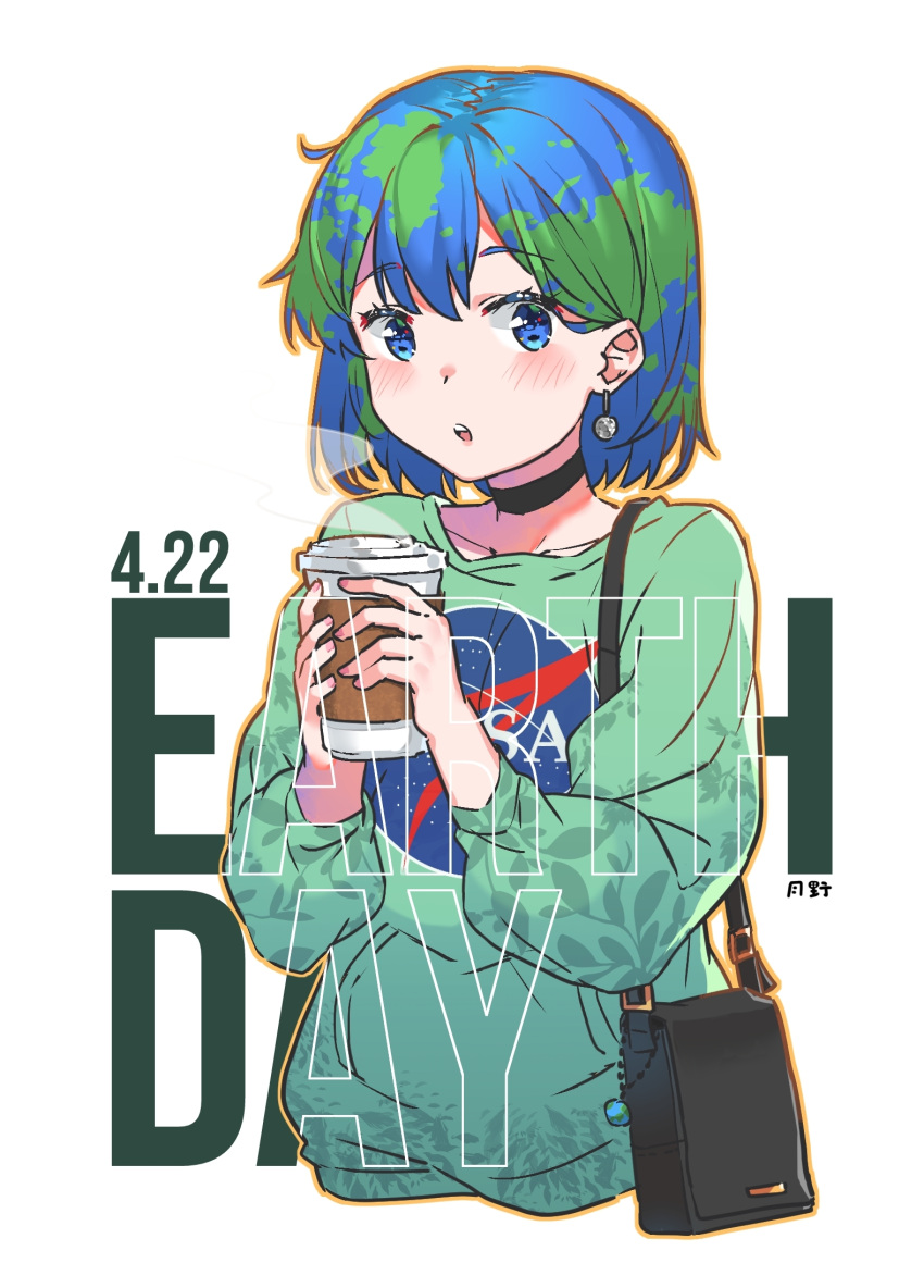 1girl bag blue_eyes blue_hair blush coffee_cup cup dated disposable_cup earrings earth-chan green_hair handbag highres holding holding_cup jewelry looking_at_viewer multicolored_hair nasa_logo original short_hair solo steam tsukino_(nakajimaseiki) two-tone_hair white_background