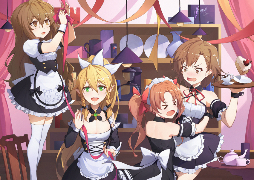 &gt;o&lt; 4girls aisaka_taiga blonde_hair bow braid breasts brown_eyes cake chair cleavage cup dengeki_bunko food green_eyes hair_between_eyes hug kirigaya_suguha lamp long_hair long_sleeves looking_at_viewer maid misaka_mikoto multiple_girls open_mouth saucer shirai_kuroko slice_of_cake small_breasts spilling sword_art_online teacup teapot thigh-highs to_aru_kagaku_no_railgun to_aru_majutsu_no_index toradora! tray twin_braids twintails very_long_hair white_bow white_legwear white_wristband wrist_cuffs wristband youxuemingdie