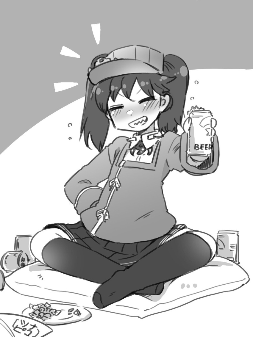 1girl amagaeru_(hylathewet) beer_can can commentary_request drunk greyscale grin highres holding holding_can indian_style japanese_clothes kantai_collection kariginu kneehighs magatama monochrome pillow pleated_skirt ryuujou_(kantai_collection) sitting skirt smile solo twintails visor_cap