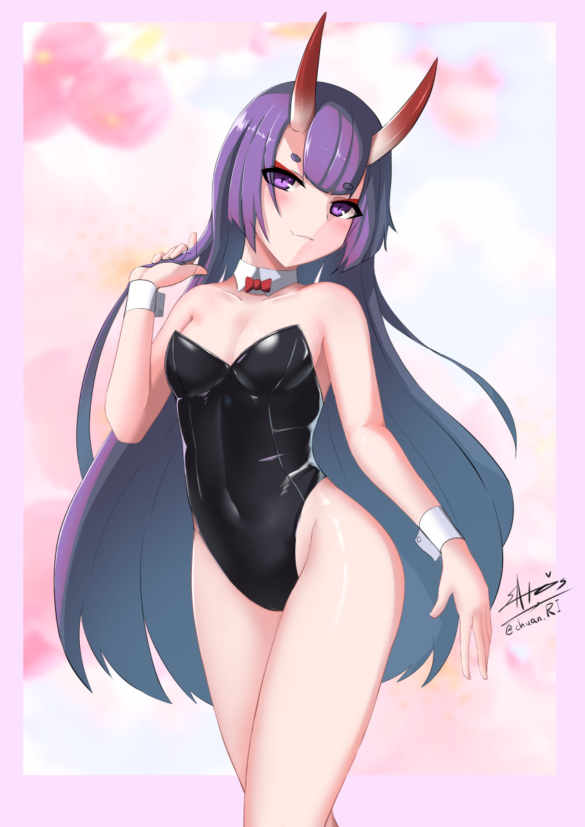 1girl absurdres alternate_costume alternate_hair_length alternate_hairstyle black_leotard bob_cut breasts covered_navel detached_collar eyeliner eyeshadow fate/grand_order fate_(series) highres ichikawayan leotard long_hair makeup oni oni_horns purple_hair short_eyebrows shuten_douji_(fate/grand_order) small_breasts solo strapless strapless_leotard very_long_hair violet_eyes wrist_cuffs