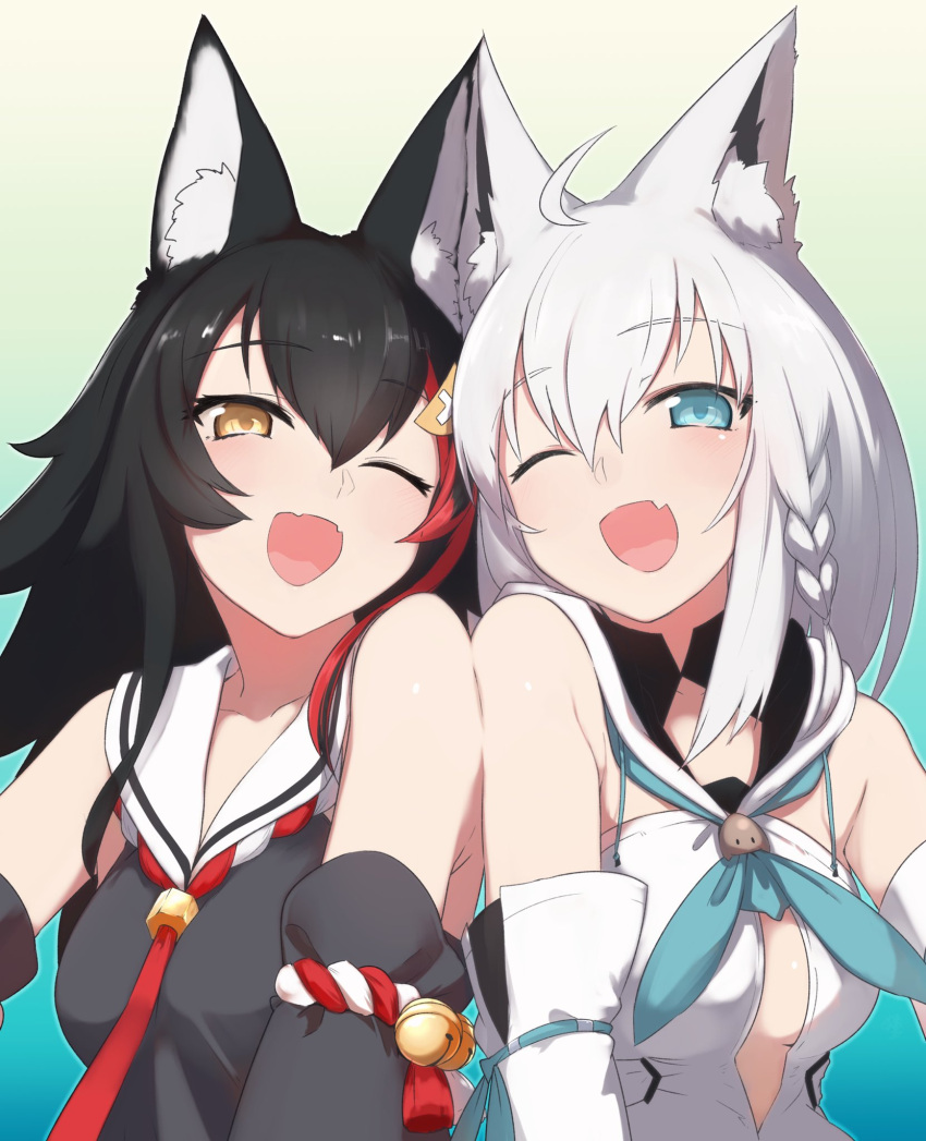 2girls ahoge animal_ears ariyoshi_gen bare_shoulders bell black_hair blue_eyes blush braid choker collarbone detached_sleeves fox_ears gradient gradient_background hair_between_eyes hair_ornament hairclip highres hololive japanese_clothes kouhaku_nawa long_hair looking_at_viewer multicolored_hair multiple_girls one_eye_closed ookami_mio open_mouth redhead shirakami_fubuki silver_hair skin_fang smile virtual_youtuber wolf_ears yellow_eyes