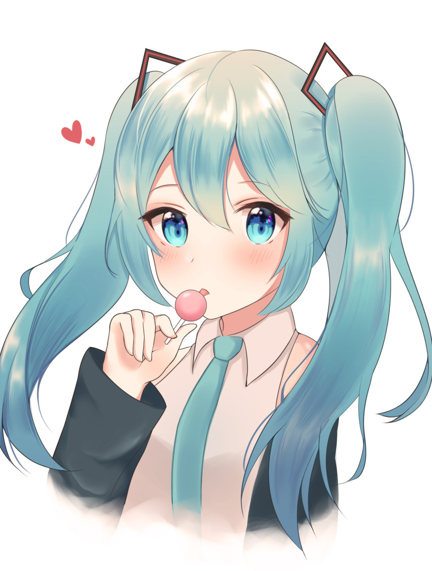 1girl 772hani absurdres black_sleeves blue_eyes blue_hair blue_neckwear candy collared_shirt cropped_torso detached_sleeves eyebrows_visible_through_hair floating_hair food hair_between_eyes hatsune_miku heart highres holding lollipop long_hair long_sleeves looking_at_viewer necktie shiny shiny_hair shirt simple_background sleeveless sleeveless_shirt solo tongue tongue_out twintails upper_body vocaloid white_background white_shirt wing_collar
