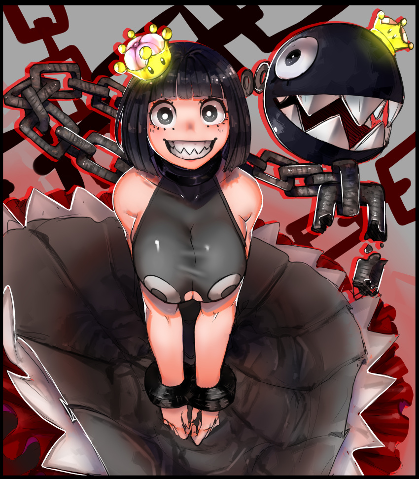 absurdres bananaconductor black_dress black_hair bob_cut breasts broken broken_chain chain chain_chomp chains cleavage_cutout cuffs dress grin highres huge_filesize large_breasts looking_at_viewer princess_chain_chomp shackles sharp_teeth smile super_crown teeth