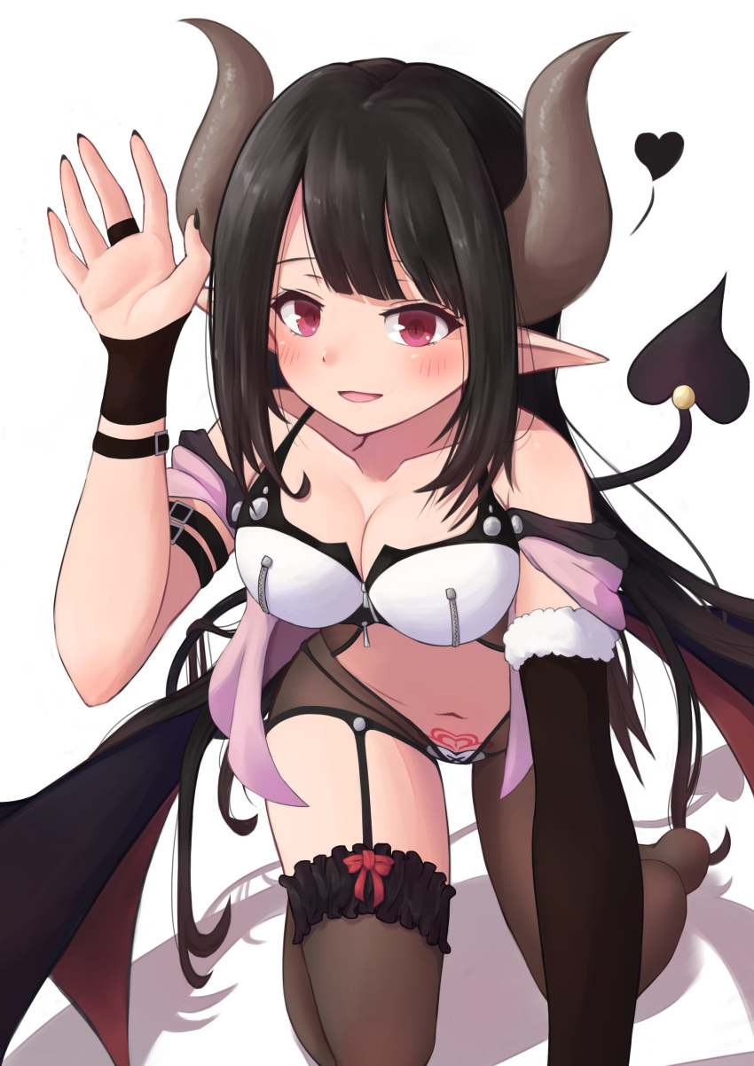 1girl absurdres asymmetrical_legwear asymmetrical_sleeves b7669726 bare_shoulders black_hair black_wings blush bow breasts cleavage commentary_request demon_girl demon_horns demon_tail demon_wings dot_nose fur_trim hand_up heart heart_tail highres horns long_hair looking_at_viewer medium_breasts nail_polish navel original parted_lips pointy_ears pubic_tattoo simple_background smile solo succubus tail tattoo thigh-highs violet_eyes white_background wings