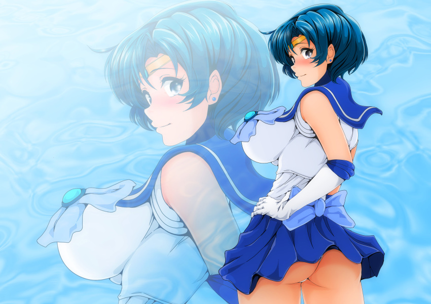 ass bishoujo_senshi_sailor_moon blue_bow blush bow breasts cowboy_shot earrings gloves highres jewelry large_breasts looking_at_viewer looking_back miniskirt mizuno_ami nanashi_noiji pleated_skirt sailor_collar sailor_mercury short_hair skirt smile standing twisted_torso water wind zoom_layer