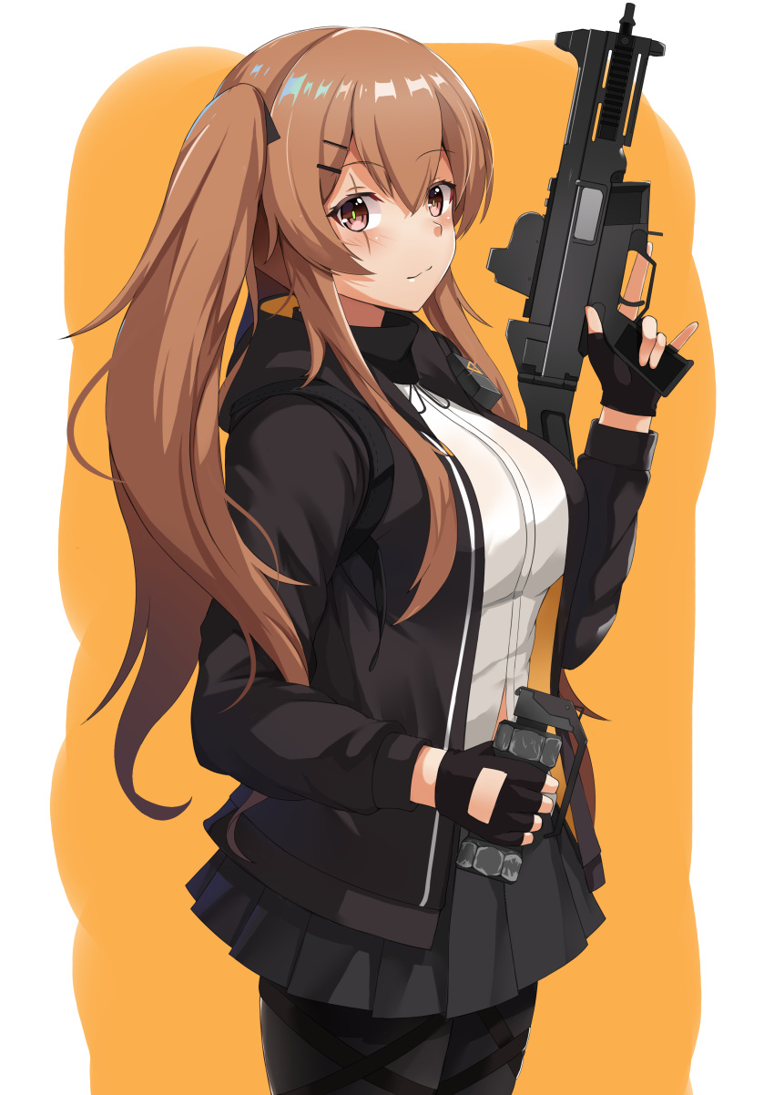 1girl :3 absurdres bangs black_gloves black_jacket black_legwear black_skirt blush breasts brown_eyes closed_mouth commentary cowboy_shot eyebrows_visible_through_hair fingerless_gloves girls_frontline gloves gun h&amp;k_ump hair_ornament hairclip highres holding holding_gun holding_weapon hood hooded_jacket jacket large_breasts long_hair long_sleeves looking_at_viewer looking_to_the_side miniskirt open_clothes open_jacket orange_background pantyhose pleated_skirt pouch shirt sidelocks skirt smile solo submachine_gun trigger_discipline twintails two-tone_background ump9_(girls_frontline) wang22255 weapon white_shirt