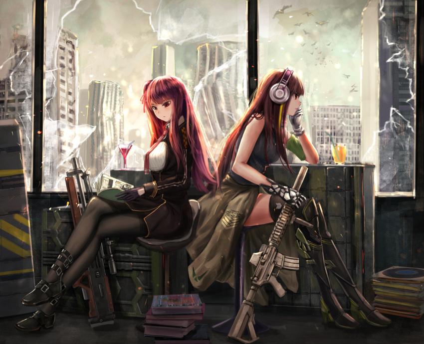 2girls armband assault_rifle back-to-back bangs bare_shoulders belt bird black_footwear black_gloves black_legwear black_skirt blazer book book_on_lap book_stack breasts broken_glass broken_window brown_eyes brown_hair building chin_rest city clouds cloudy_sky day destruction drink drinking_straw eyebrows_visible_through_hair full_body girls_frontline glass gloves green_sweater gun hair_ribbon half_updo headphones holding holding_book holding_gun holding_weapon indoors jacket knee_pads large_breasts legs_crossed long_hair looking_at_viewer m4_carbine m4a1_(girls_frontline) multicolored_hair multiple_girls necktie one_side_up pantyhose profile reading red_eyes red_neckwear redhead ribbon rifle scenery shirt shoes sitting skirt sky streaked_hair sweater sweater_vest thigh-highs wa2000_(girls_frontline) weapon yuzuriha
