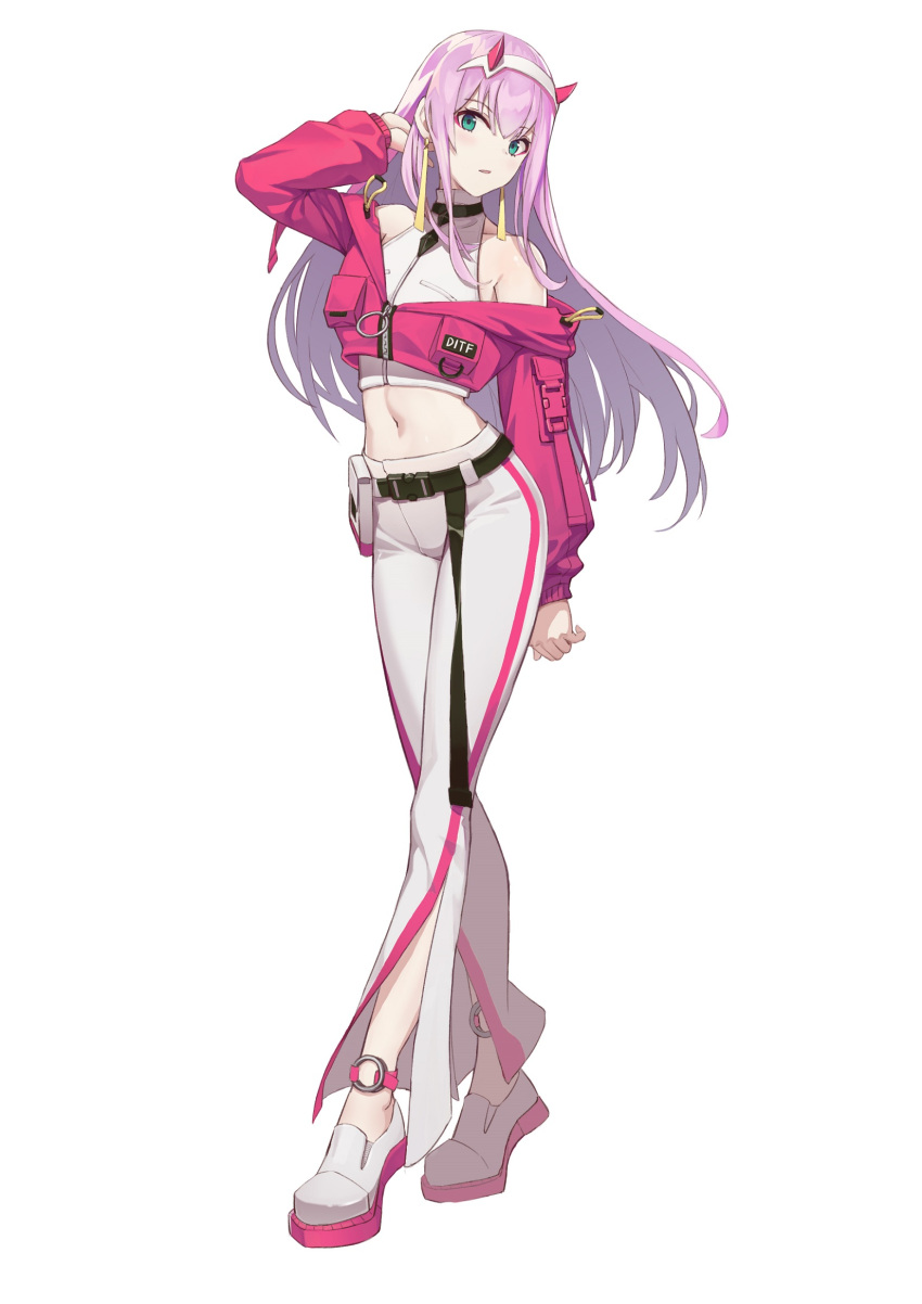 1girl alternate_costume ankle_strap arm_up bangs bare_shoulders belt_pouch blush breast_pocket casual crop_top cropped_jacket darling_in_the_franxx earrings eyebrows_visible_through_hair full_body green_eyes hairband highres horns jewelry long_hair long_sleeves looking_at_viewer navel off_shoulder pants parted_lips partially_unzipped pink_hair pocket pouch simple_background single_vertical_stripe solo standing stomach straight_hair white_background white_footwear white_hairband white_pants yukiyaii zero_two_(darling_in_the_franxx) zipper zipper_pull_tab