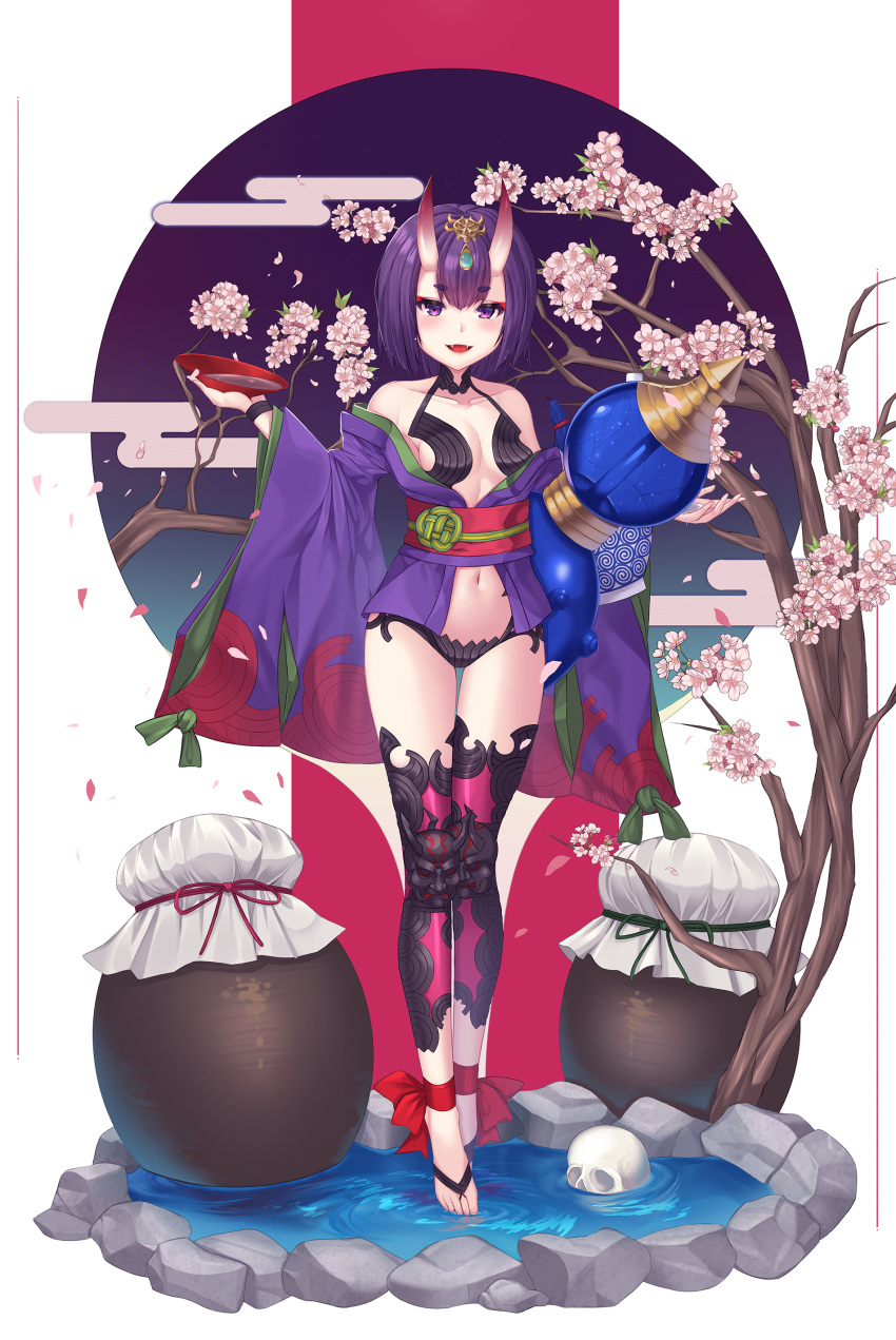 1girl absurdres blush bowl breasts cherry_blossoms cleavage eyebrows_visible_through_hair fate/grand_order fate_(series) full_body highres holding holding_bowl horns looking_at_viewer medium_breasts navel open_mouth purple_hair reflector178 short_hair shuten_douji_(fate/grand_order) smile solo standing thick_eyebrows violet_eyes water