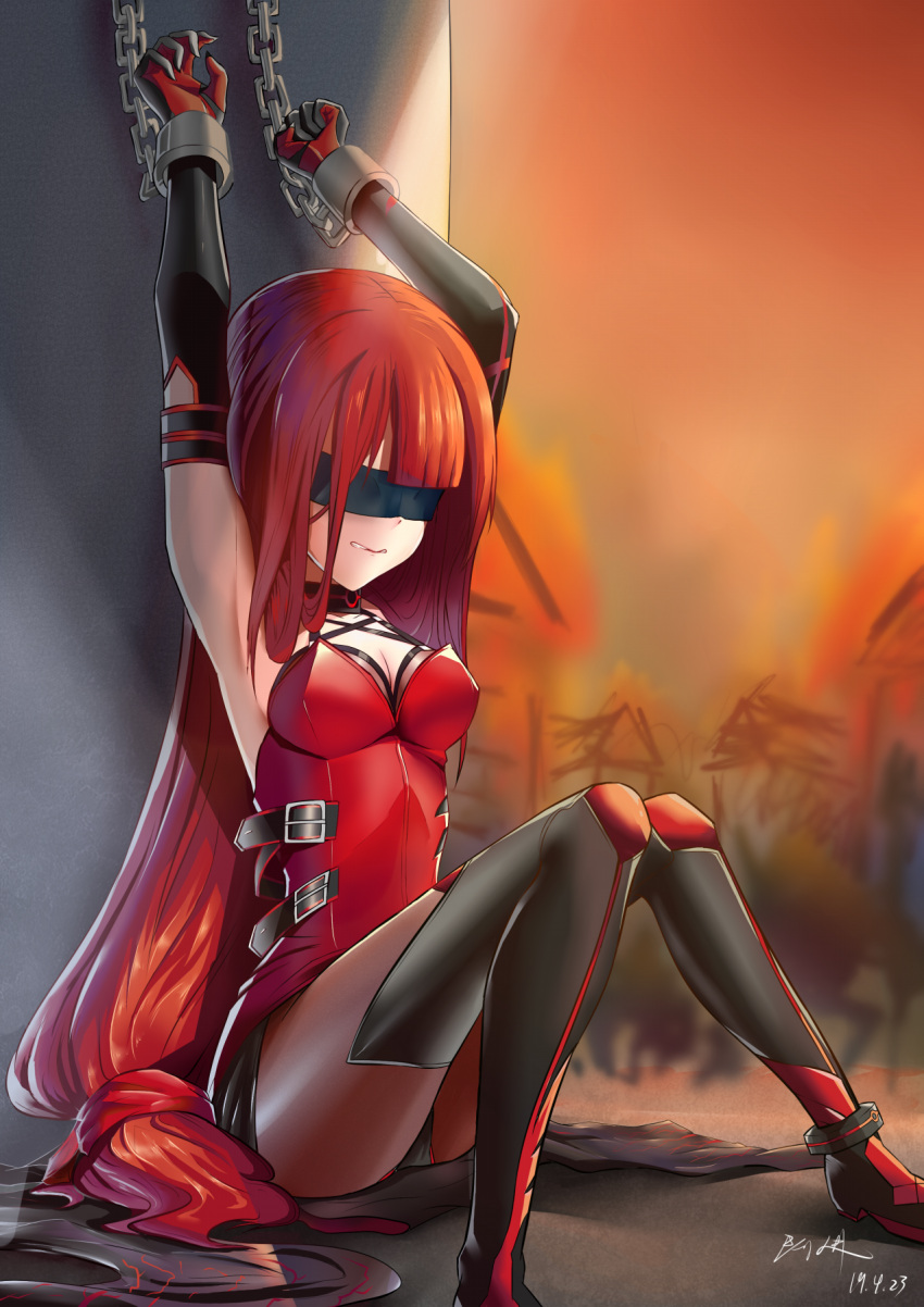 196502 1girl armpits arms_up belt blindfold breasts cleavage clenched_teeth crimson_avenger_(elsword) elesis_(elsword) elsword hands_up highres long_hair medium_breasts redhead restrained sitting sleeved_gloves solo teeth thighs very_long_hair