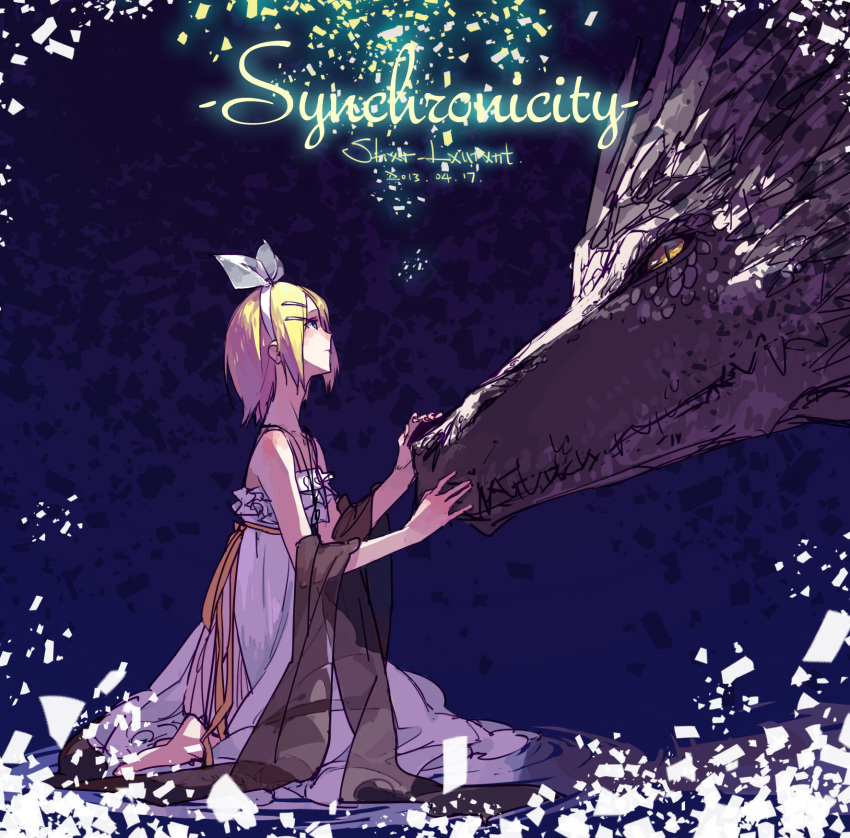 1girl 2013 alternate_costume bare_shoulders barefoot blonde_hair blue_eyes closed_mouth commentary_request creature dragon dress fantasy hair_ornament hair_ribbon hairclip highres jewelry kagamine_rin kneeling looking_at_another looking_at_viewer monster necklace open_eyes orange_ribbon ribbon shar short_hair sleeveless sleeveless_dress synchronicity_(vocaloid) vocaloid western_dragon white_dress white_ribbon yellow_eyes