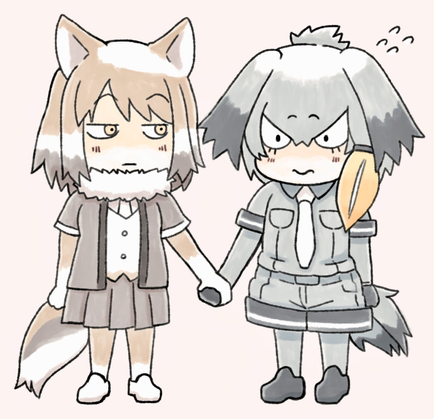 2girls 3: :| animal_ears bangs bird_tail blonde_hair chibi closed_mouth commentary_request edano_kiui elbow_gloves eyebrows_visible_through_hair flying_sweatdrops fox_ears fox_tail fur_collar gloves grey_hair grey_shirt grey_shorts hair_between_eyes hand_holding highres jitome kemono_friends light_brown_hair looking_at_another low_ponytail medium_hair multicolored_hair multiple_girls necktie pink_background pleated_skirt shirt shoebill_(kemono_friends) shorts side_ponytail simple_background skirt tail tibetan_sand_fox_(kemono_friends) wavy_mouth white_hair white_neckwear