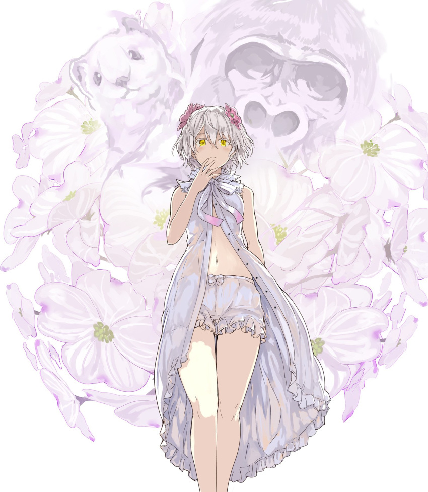 1girl bangs bare_shoulders bloomers closed_mouth commentary dress eyebrows_visible_through_hair feet_out_of_frame floral_background flower flower_request from_below gorilla hair_between_eyes hair_flower hair_ornament hamster hand_to_own_mouth highres kudou_chitose legs looking_at_viewer navel nijisanji open_clothes pink_flower ribbon shibano_kaito short_hair sleeveless solo standing stomach thighs underwear virtual_youtuber wavy_hair white_background white_dress white_hair white_ribbon yellow_eyes