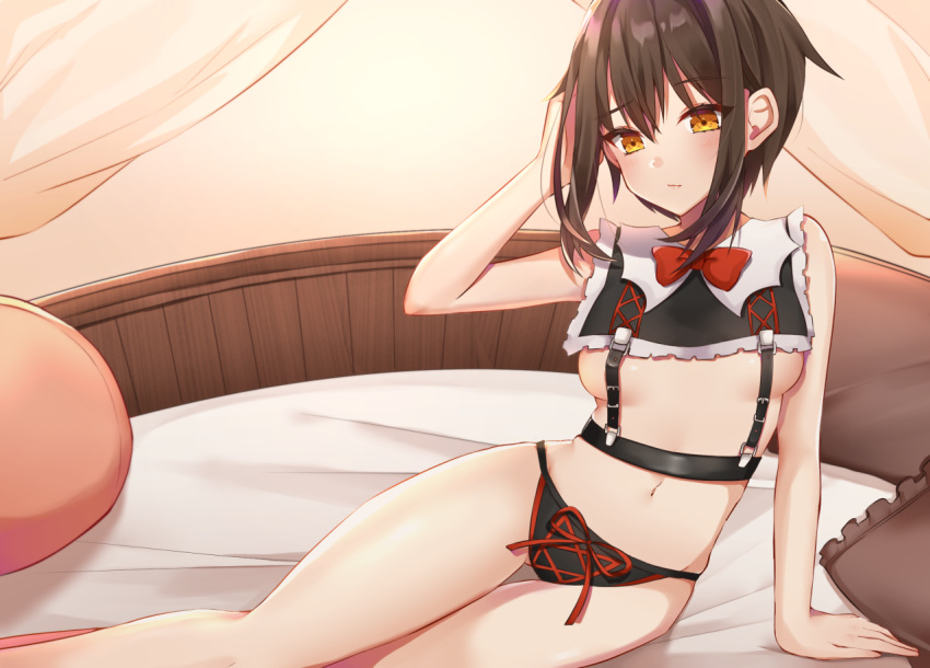 1girl arm_support ass_visible_through_thighs bare_arms bare_legs bare_shoulders belt black_hair black_panties blush bow bowtie breasts brown_eyes closed_mouth commentary_request curtains feet_out_of_frame hand_up itoi_toi lingerie looking_at_viewer medium_breasts navel no_bra on_bed original panties pillow red_neckwear short_hair sidelocks sitting solo stomach thigh_gap thighs underwear wing_collar yokozuwari