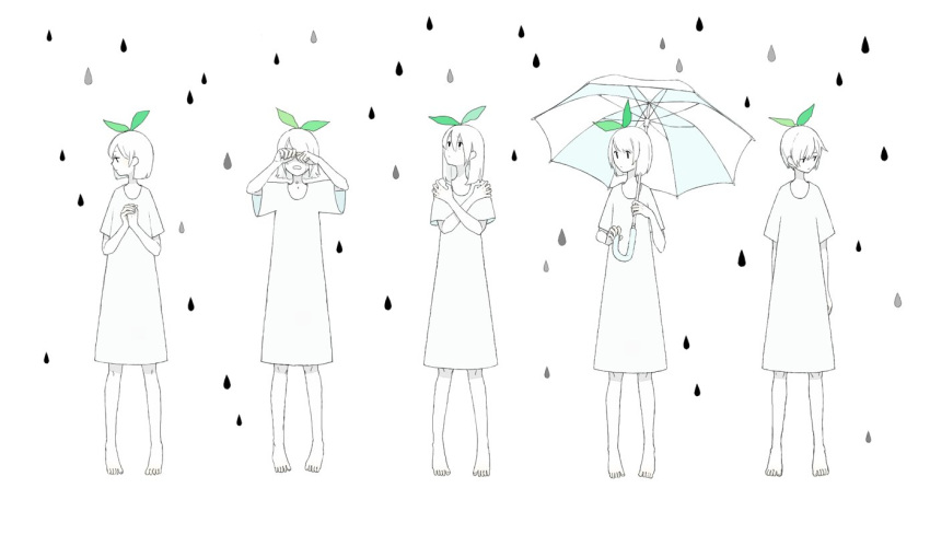 5girls bangs barefoot crying dress hair_between_eyes holding holding_umbrella kamura_gimi leaf medium_hair multiple_girls no_nose original personification plant_on_head profile rain short_hair short_sleeves standing umbrella white_background white_dress white_hair white_umbrella