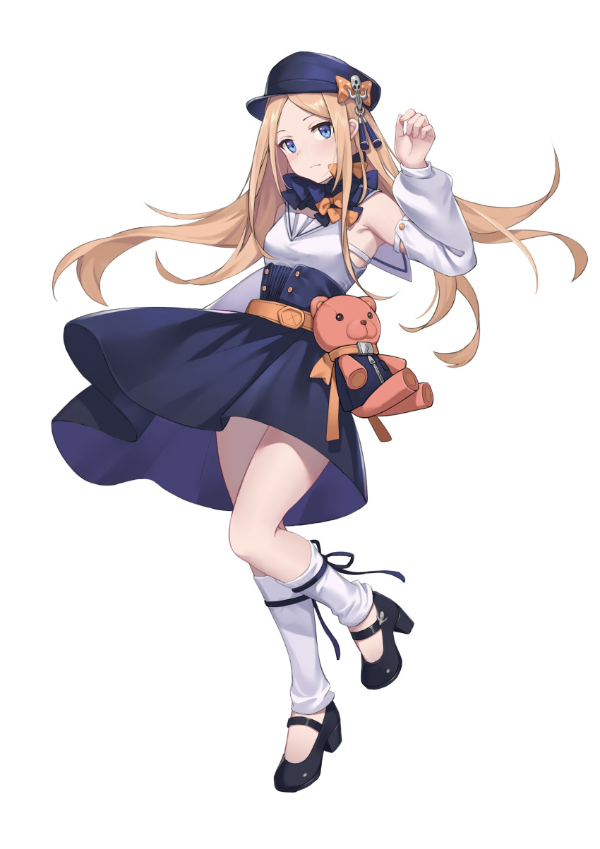 1girl abigail_williams_(fate/grand_order) absurdres bangs bare_shoulders black_bow black_footwear black_headwear black_skirt blonde_hair blue_eyes blush bow breasts chinese_commentary commentary_request detached_sleeves fate/grand_order fate_(series) flat_cap forehead full_body hat hat_bow head_tilt high-waist_skirt high_heels highres long_hair long_sleeves mary_janes orange_bow parted_bangs pleated_skirt polka_dot polka_dot_bow puffy_long_sleeves puffy_sleeves shirt shoes simple_background skirt sleeveless sleeveless_shirt small_breasts solo standing standing_on_one_leg stuffed_animal stuffed_toy teddy_bear very_long_hair white_background white_legwear white_shirt white_sleeves yukiyaii
