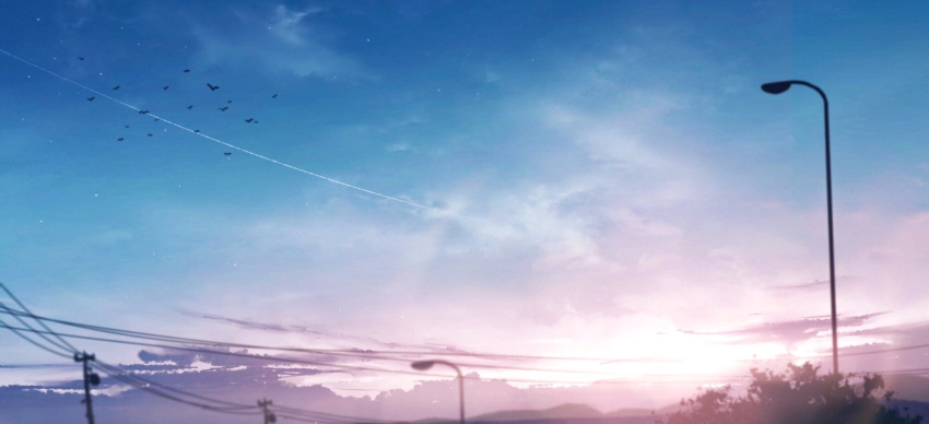 amenomori_howa bird clouds condensation_trail dusk flock highres hill lamppost no_humans original scenery sky star_(sky)