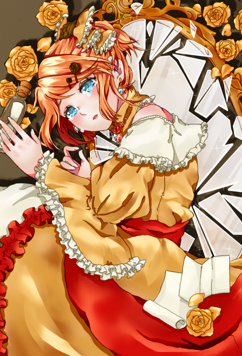 1girl aku_no_musume_(vocaloid) aqua_eyes bare_shoulders blonde_hair blue_eyes bottle bow broken_mirror choker crying crying_with_eyes_open dress earrings evillious_nendaiki flower frilled_dress frilled_sleeves frills hair_bow highres holding holding_bottle jewelry juliet_sleeves kagamine_rin letter long_sleeves lying message_in_a_bottle on_side parted_lips puffy_sleeves regret_message_(vocaloid) reifuji riliane_lucifen_d'autriche rose shards solo tears updo vessel_of_sin vocaloid wide_sleeves yellow_dress yellow_flower yellow_rose