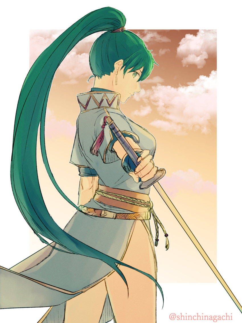 1girl absurdres clouds earrings fingerless_gloves fire_emblem fire_emblem:_rekka_no_ken gloves green_eyes green_hair high_ponytail highres intelligent_systems jewelry long_hair looking_at_viewer lyndis_(fire_emblem) nintendo nishimura_(nianiamu) pelvic_curtain ponytail side_slit smile solo sword weapon