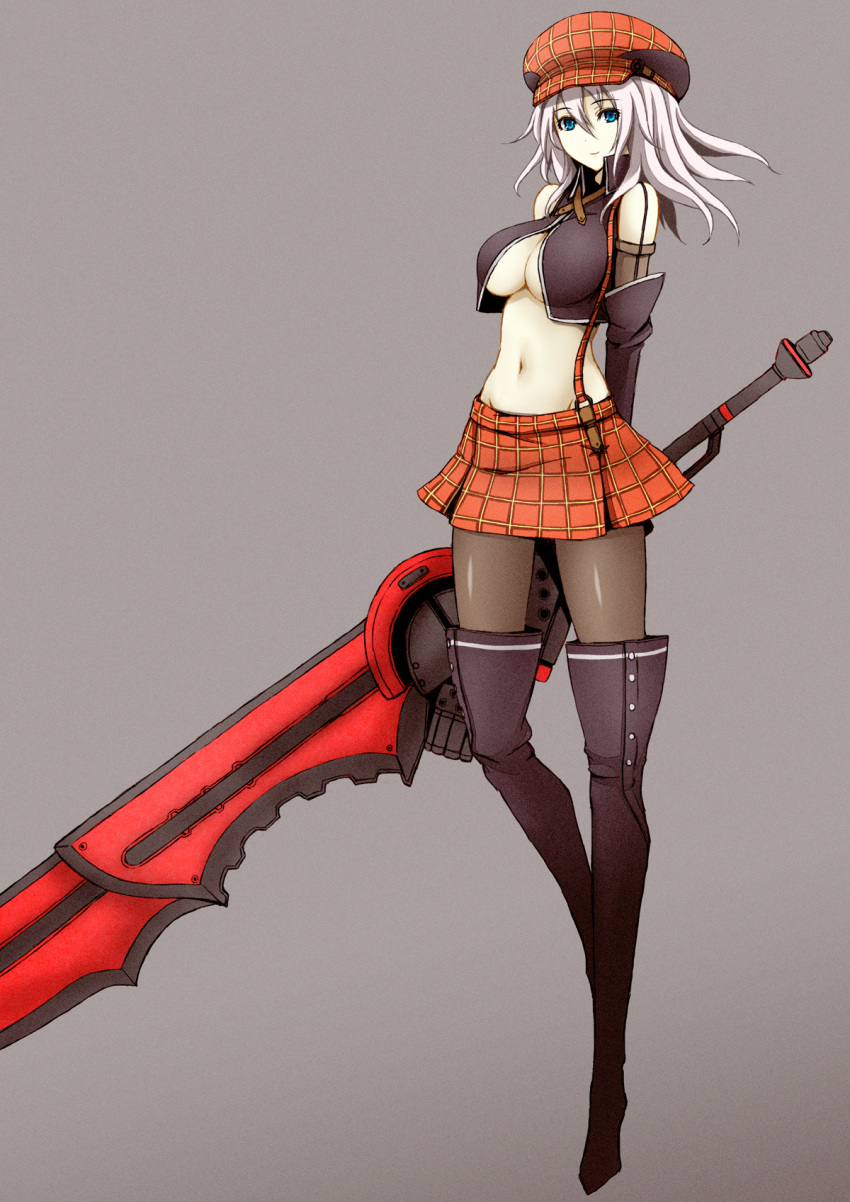 arisa_iriinchina_amieera blue_eyes boots breasts elbow_gloves flapper_shirt gloves god_eater god_eater_burst hat highres long_hair long_legs midriff navel pantyhose skirt solo suspenders sword taupe_pantyhose thigh-highs thigh_boots thighhighs under_boob underboob wakame weapon